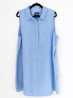 Tahari 100% Linen Blue Chambray Sleeveless Shirt Dress 2X Plus Size